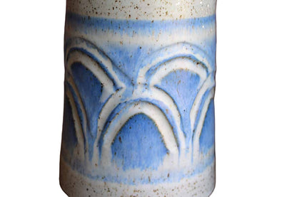 Stoneware Lidded Storage Cannisters with Blue and Gray Speckled Designs, A Pair