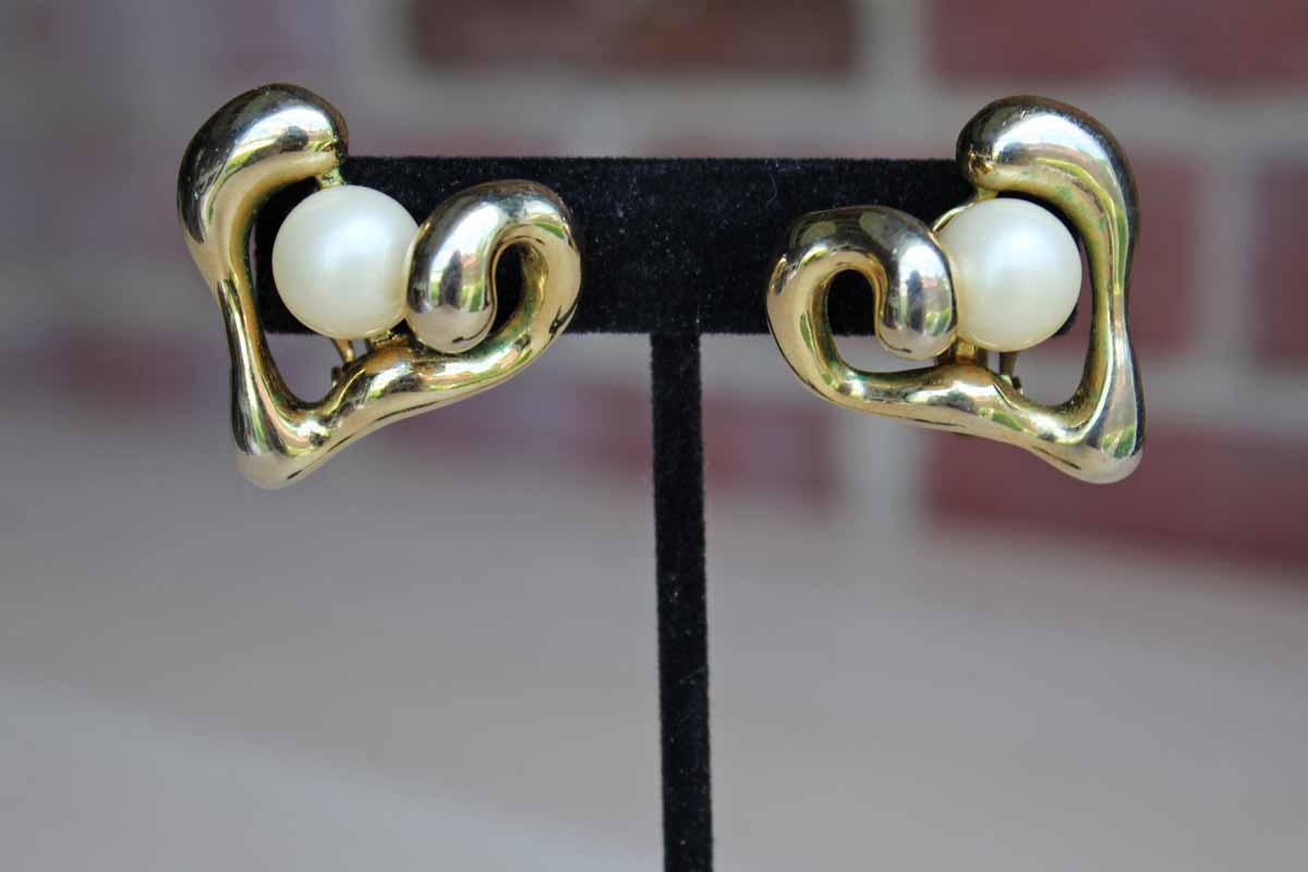 Organically Shaped Gold Tone Heart and Faux Pearl Non-Pierced Earrings