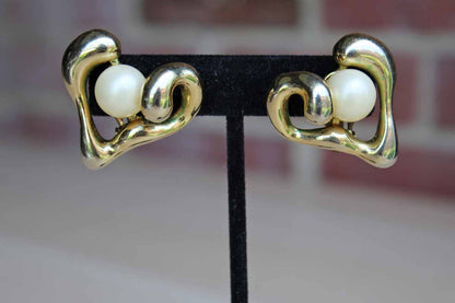 Organically Shaped Gold Tone Heart and Faux Pearl Non-Pierced Earrings