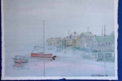 1995 Original Watercolor of a Fishing Village Signed by Lili B. Lefeure