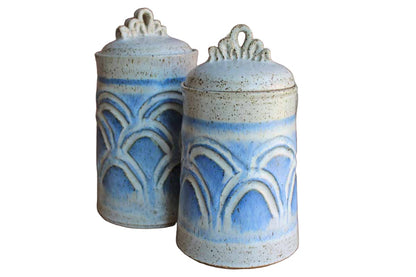 Stoneware Lidded Storage Cannisters with Blue and Gray Speckled Designs, A Pair