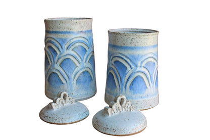 Stoneware Lidded Storage Cannisters with Blue and Gray Speckled Designs, A Pair