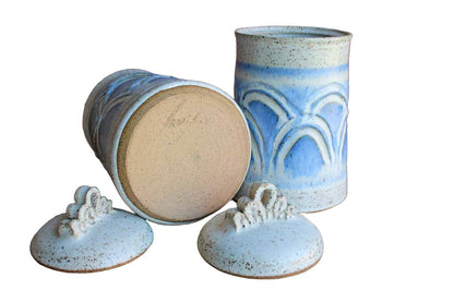 Stoneware Lidded Storage Cannisters with Blue and Gray Speckled Designs, A Pair