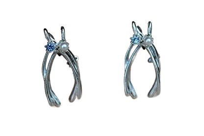 Silver Tone Double Wishbone Scatter Pins with Blue Rhinestones and Pearls, A Pair