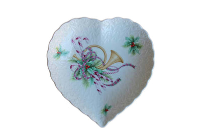 Mikasa (Japan) Noel Heart-Shaped Bone China Dish with Candy Canes, Holly, and Horn