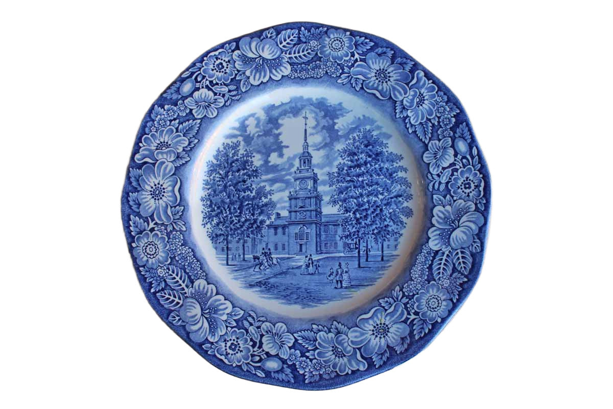 Staffordshire Ironstone (England) Liberty Blue Independence Hall Dinner Plates, Set of 8