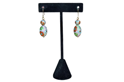 Cloisonne Bead Floral Dangle Pierced Earrings in Shades of Pink, Green, Blue and Orange