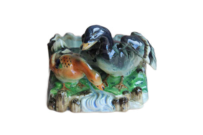 Vibrantly Painted Ceramic Planter Decorated with Two Ducks by the Water's Edge, Made in Japan