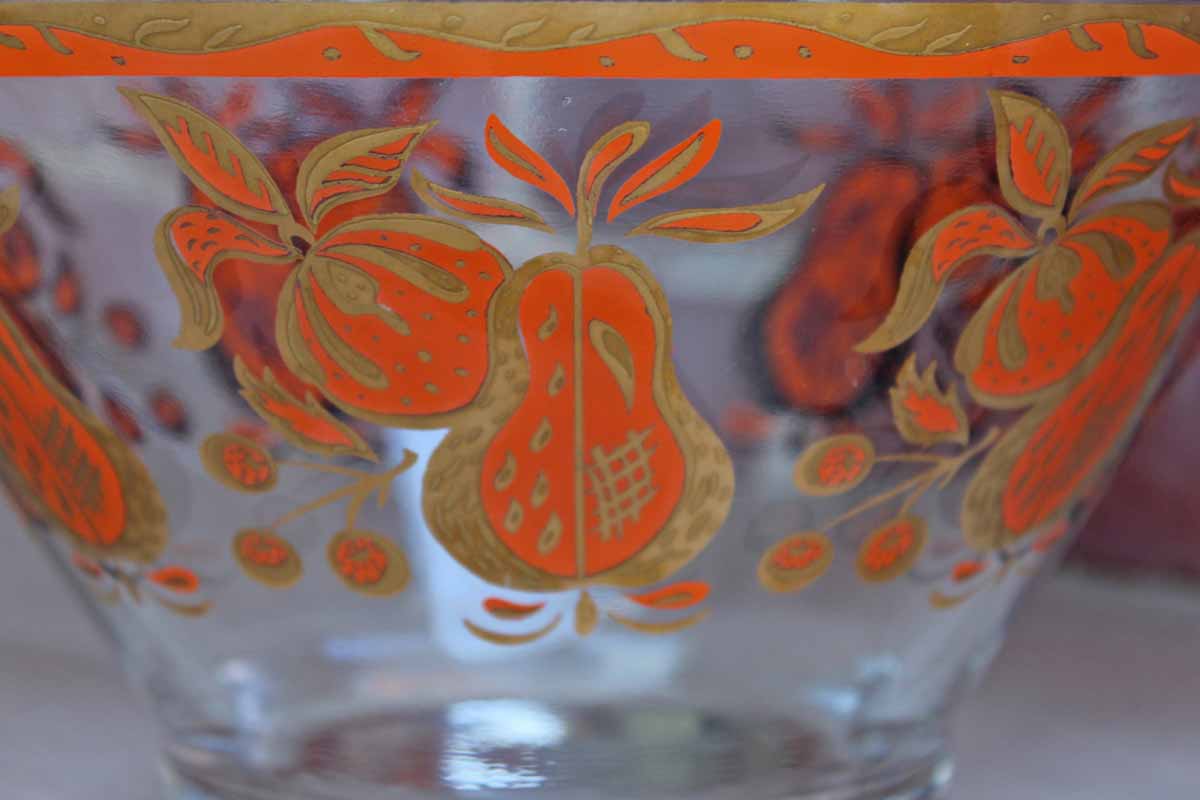 Large Glass Serving Bowl Decorated with Gold and Orange Fruit