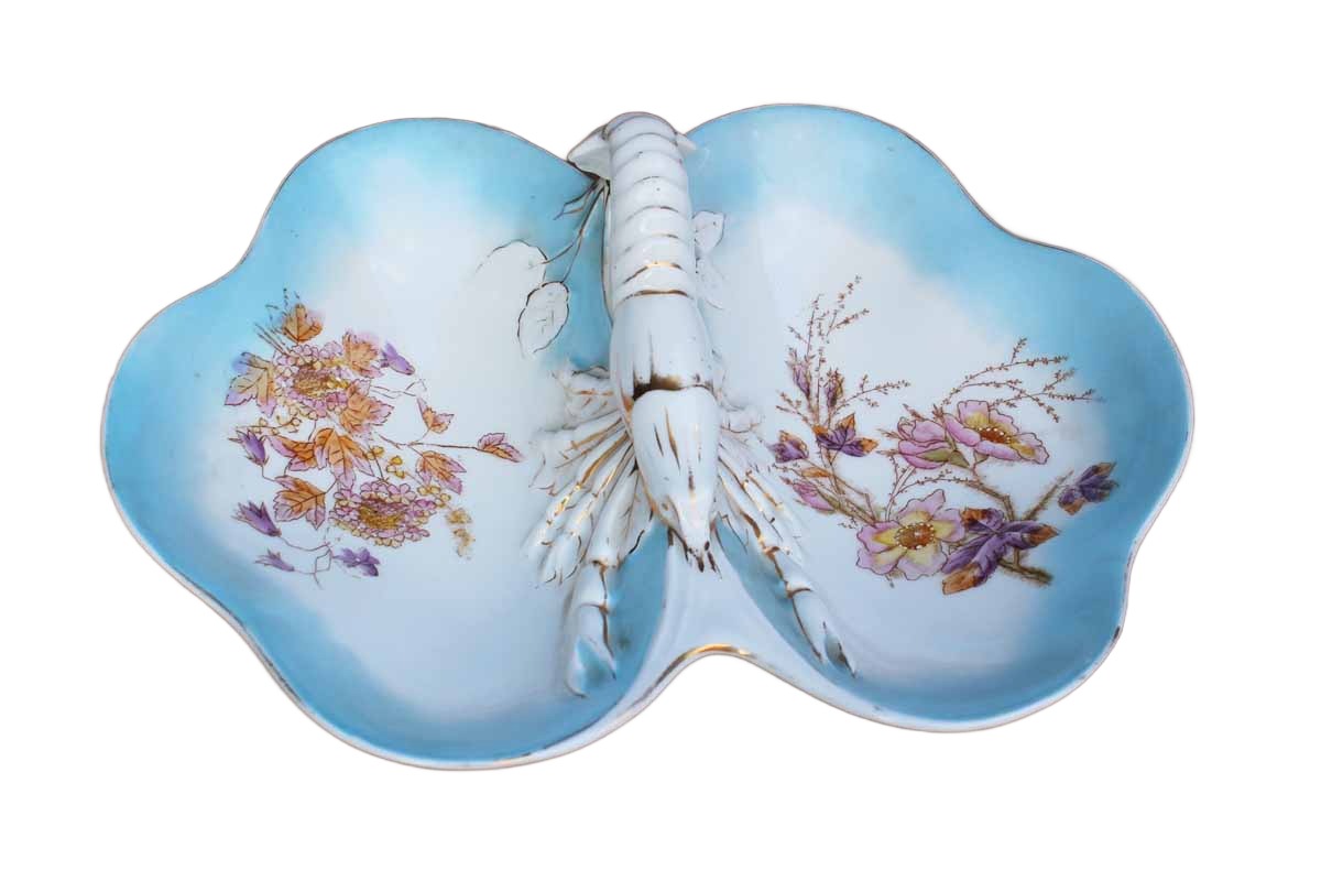Large Porcelain Divided Dish with Lobster Handle and Hand-Painted Flowers