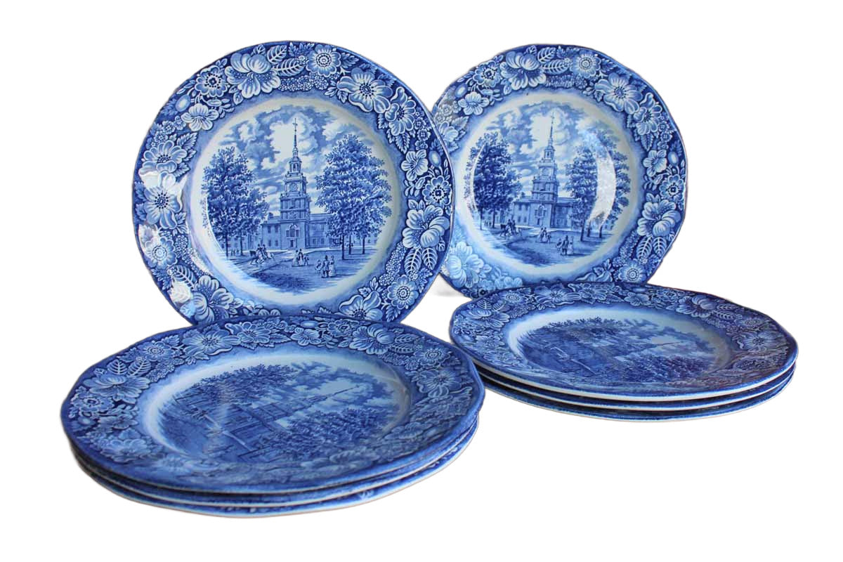 Staffordshire Ironstone (England) Liberty Blue Independence Hall Dinner Plates, Set of 8