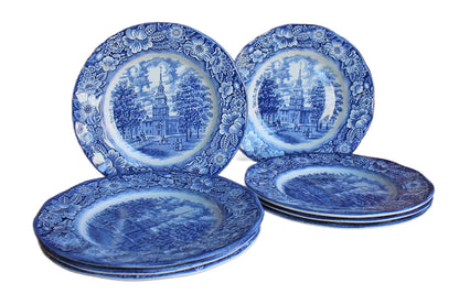 Staffordshire Ironstone (England) Liberty Blue Independence Hall Dinner Plates, Set of 8