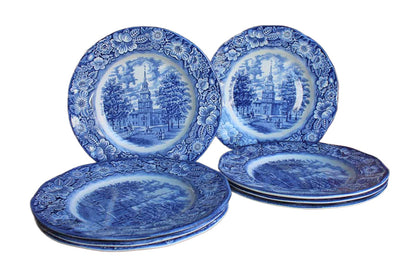 Staffordshire Ironstone (England) Liberty Blue Independence Hall Dinner Plates, Set of 8