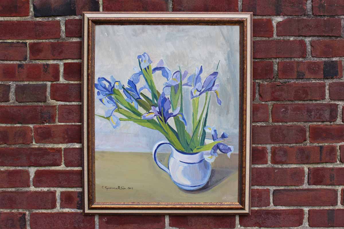 Original Signed Purple Iris Still Life Painting by C. Giancelli, 1963