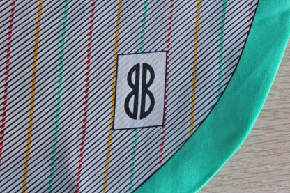 Bill Blass (USA) Colorful Striped Silk Neckerchief with Teal Border