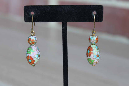 Cloisonne Bead Floral Dangle Pierced Earrings in Shades of Pink, Green, Blue and Orange