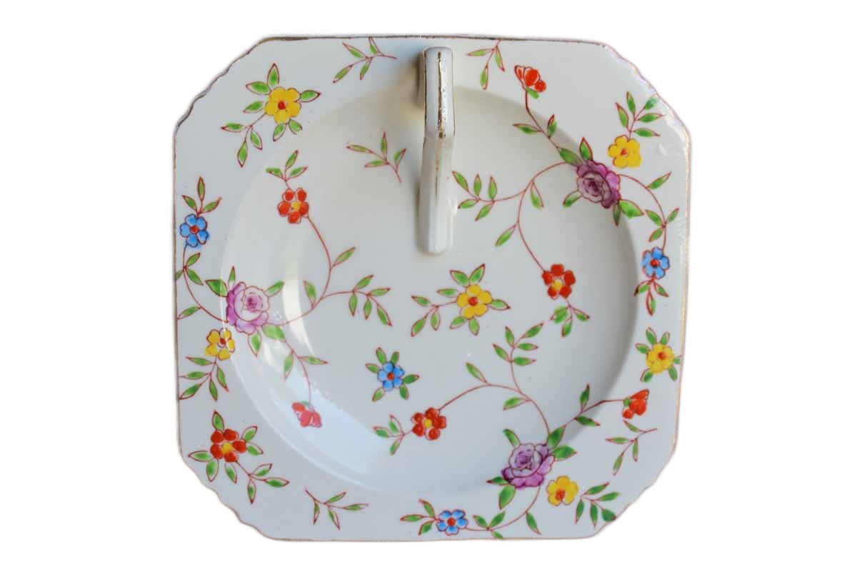 Takito Company (Japan) Square Ceramic Dish with Colorful Flowers and Handle
