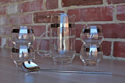 Libbey Glass (Ohio, USA) Pitcher, Stir Spoon and Four Roly Poly Glasses Cocktail Set