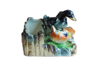 Vibrantly Painted Ceramic Planter Decorated with Two Ducks by the Water's Edge, Made in Japan