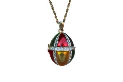 Gold Tone Colorfully Enameled Egg Locket on a Gold Chain