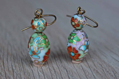 Cloisonne Bead Floral Dangle Pierced Earrings in Shades of Pink, Green, Blue and Orange