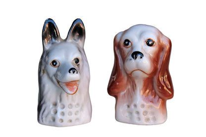 Porcelain German Shepherd and Spaniel Dog Head Thimbles, A Pair