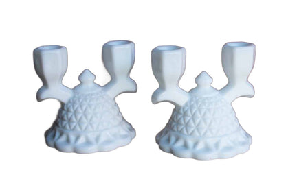 Imperial Glass Company (Ohio, USA) Milk Glass Laced Edge Double Branch Candlesticks, A Pair