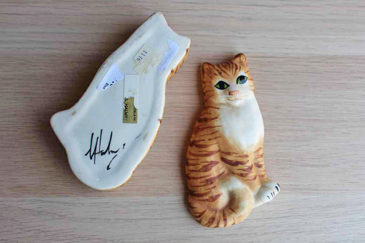 Carol Halmy Porcelain Tabby Cat Shaped Trinket Box