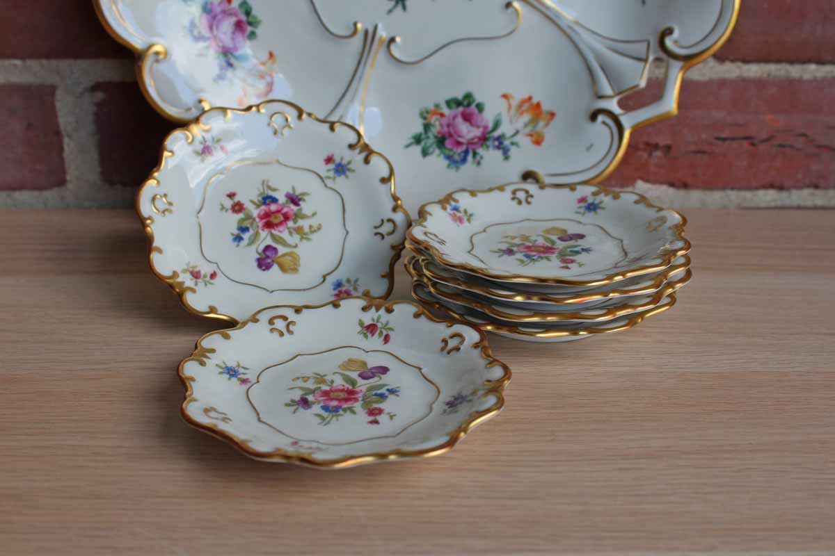 Graf Von Henneberg (Germany) Floral Gold Trimmed Porcelain Dessert Tray with Six Little Plates from Eschenbach (Bavaria)