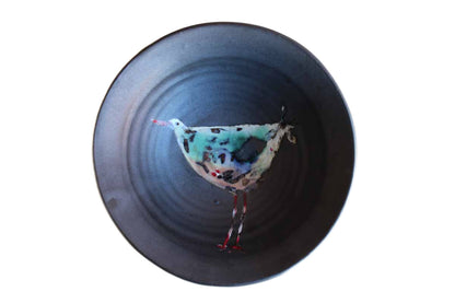 Handmade Black Ceramic Bowl with Colorfully-Painted Bird in the Center
