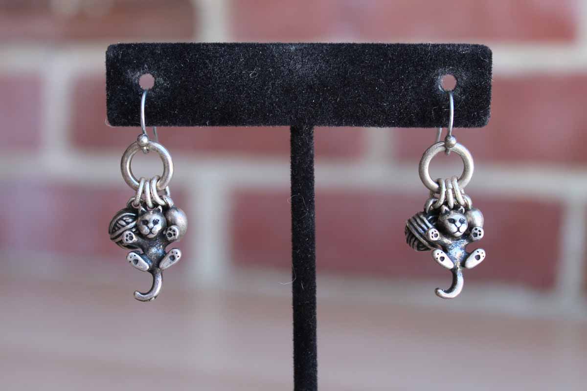 Silver Tone Pierced Earrings with Dangling Cat, Yarn, and Heart with Paw Imprint Charms