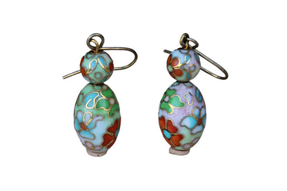 Cloisonne Bead Floral Dangle Pierced Earrings in Shades of Pink, Green, Blue and Orange