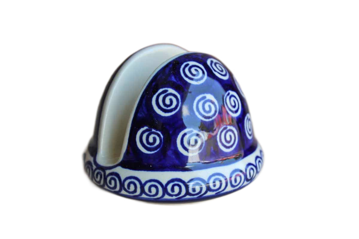 Boleslawiec Pottery (Poland) Stoneware Cobalt Blue and Cream Swirls Napkin or Letter Holder