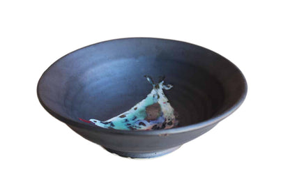 Handmade Black Ceramic Bowl with Colorfully-Painted Bird in the Center