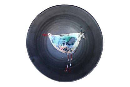 Handmade Black Ceramic Bowl with Colorfully-Painted Bird in the Center