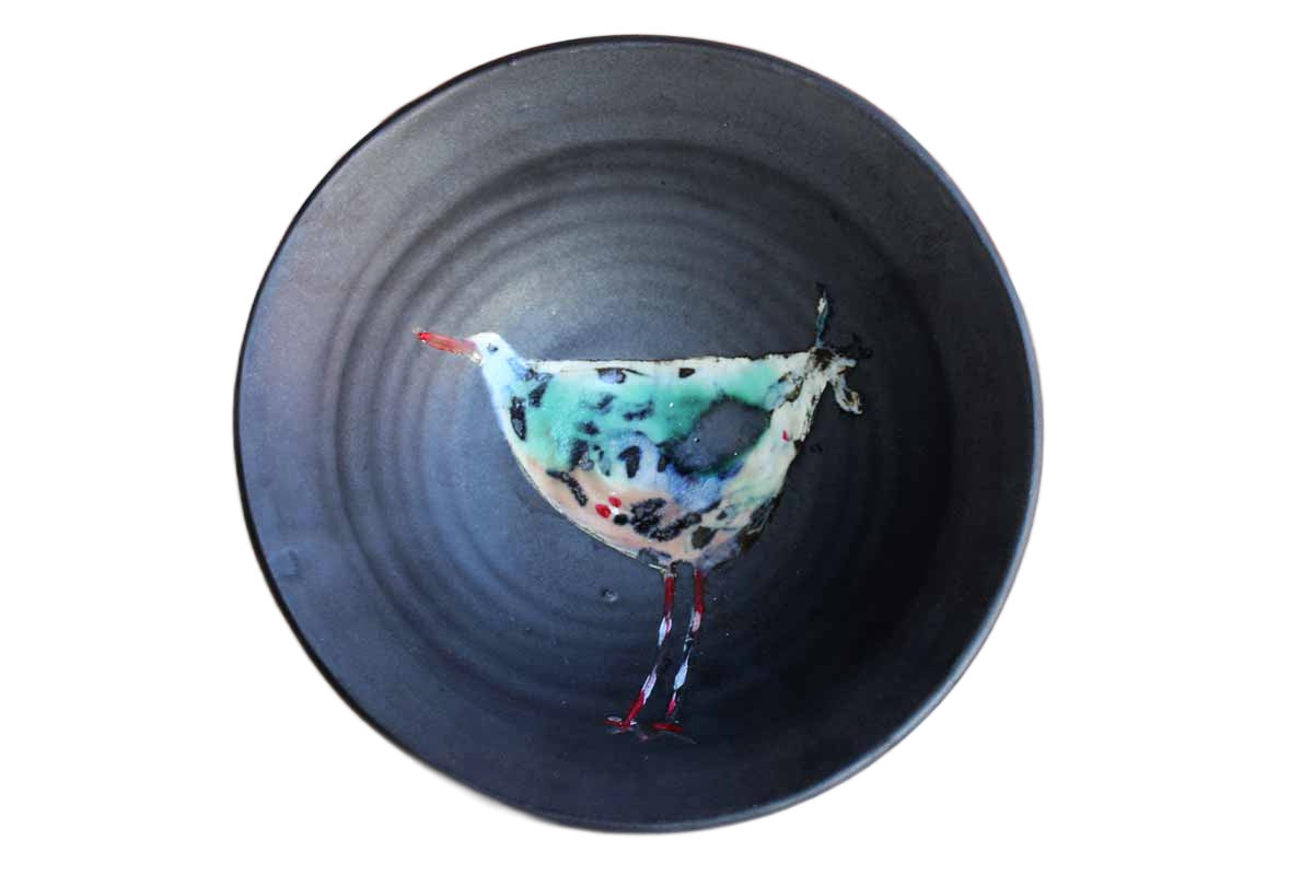 Handmade Black Ceramic Bowl with Colorfully-Painted Bird in the Center