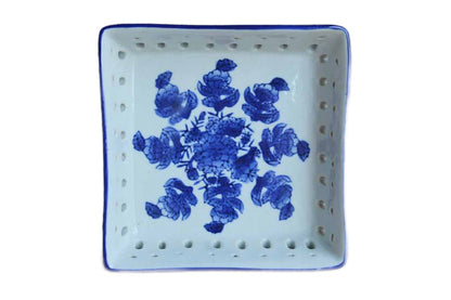 Ceramic Blue and White Square Dish with Flowers and Decorative Cut Out Design