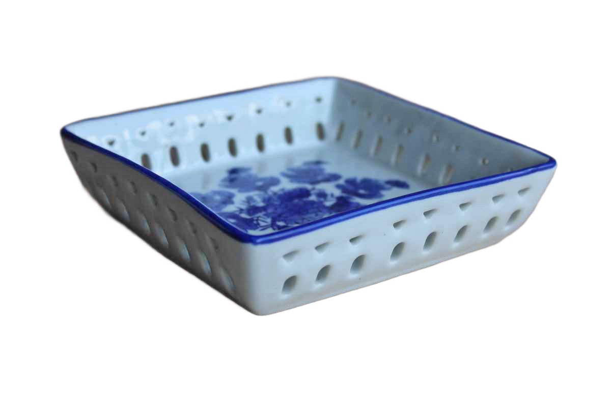 Ceramic Blue and White Square Dish with Flowers and Decorative Cut Out Design