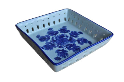 Ceramic Blue and White Square Dish with Flowers and Decorative Cut Out Design