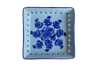 Ceramic Blue and White Square Dish with Flowers and Decorative Cut Out Design