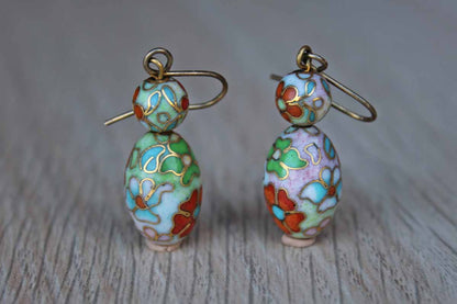 Cloisonne Bead Floral Dangle Pierced Earrings in Shades of Pink, Green, Blue and Orange