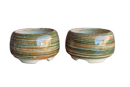 Colorful Striped Ceramic Planters, A Pair