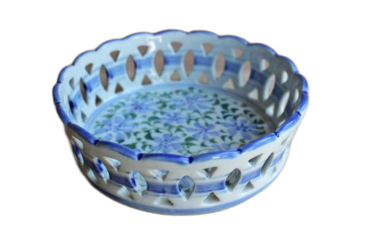 Blue and Green Floral Ceramic Wine Coaster with Open Weave Rim