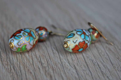 Cloisonne Bead Floral Dangle Pierced Earrings in Shades of Pink, Green, Blue and Orange
