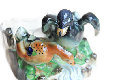 Vibrantly Painted Ceramic Planter Decorated with Two Ducks by the Water's Edge, Made in Japan