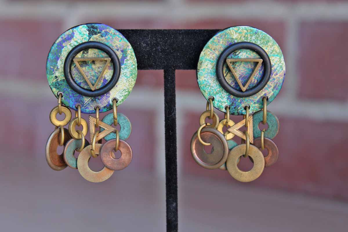 Bold and Artsy Dangle Pierced Earrings with Verdigris Copper Hoops and Triange Accent
