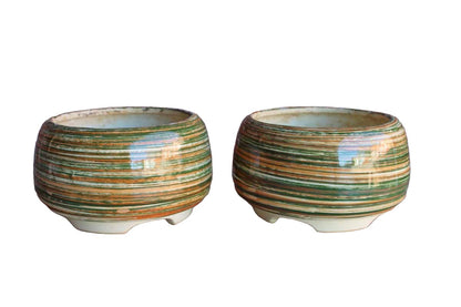 Colorful Striped Ceramic Planters, A Pair