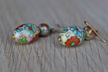 Cloisonne Bead Floral Dangle Pierced Earrings in Shades of Pink, Green, Blue and Orange