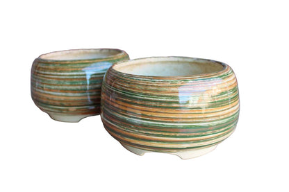 Colorful Striped Ceramic Planters, A Pair