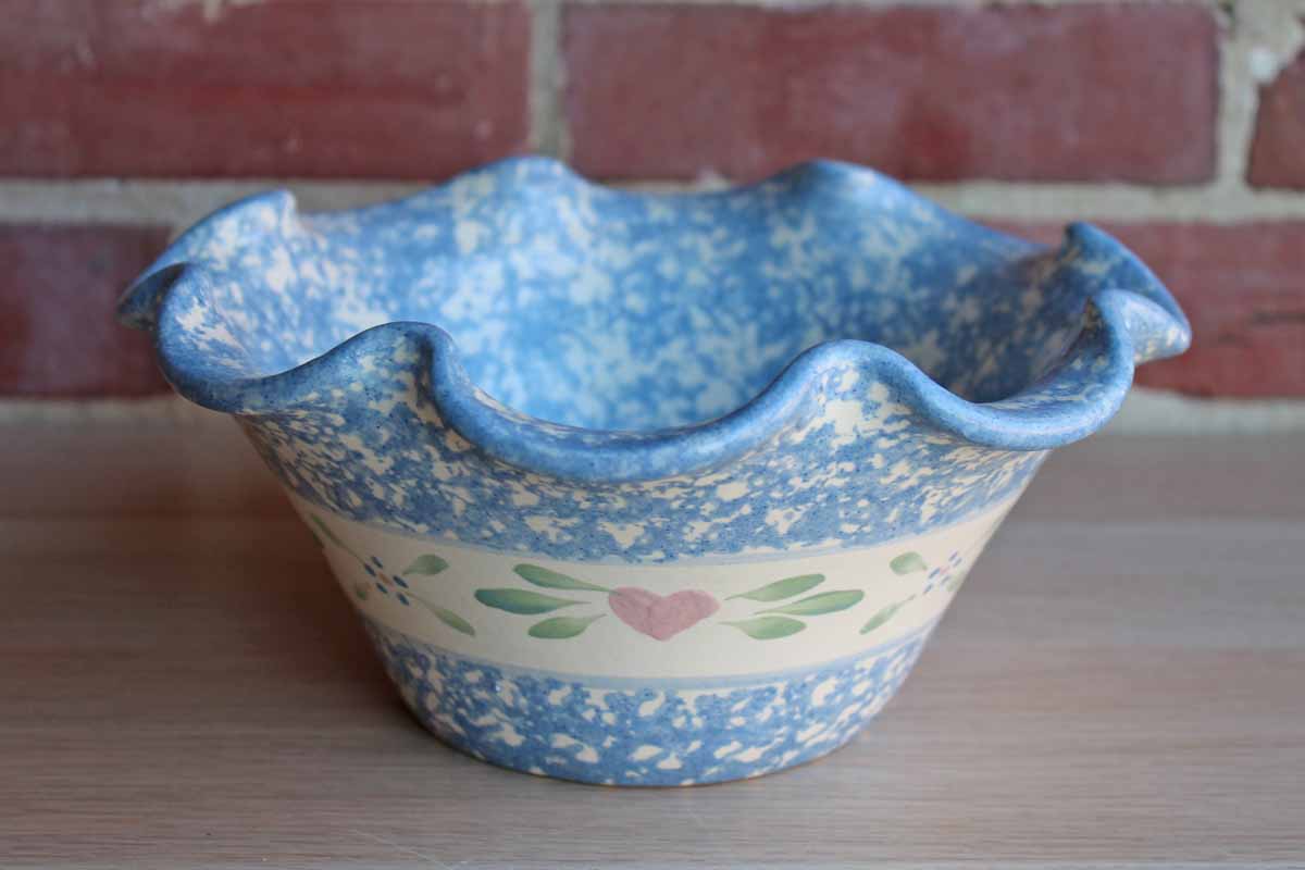 Heavy Ceramic Blue Spongeware Wavy-Rimmed Bowl with Repeating Band of Hearts and Flowers